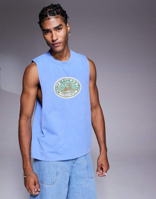ASOS DESIGN relaxed boxy vest in heavyweight 220gsm with front graphic in blue