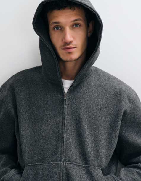 ASOS DESIGN relaxed boxy wool look zip through hoodie in charcoal - view 1