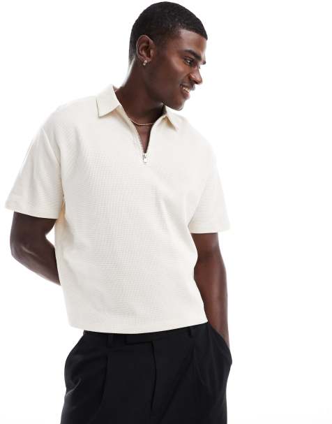 ASOS DESIGN relaxed boxy zip polo in cream - view 1