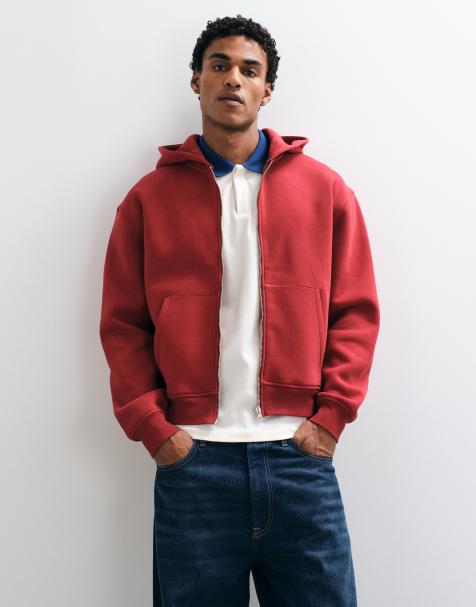 ASOS DESIGN relaxed boxy zip through hood in red - view 1