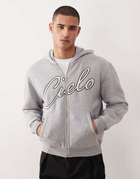 ASOS DESIGN relaxed boxy zip through hoodie with chain stitch embroidery in grey marl - view 1