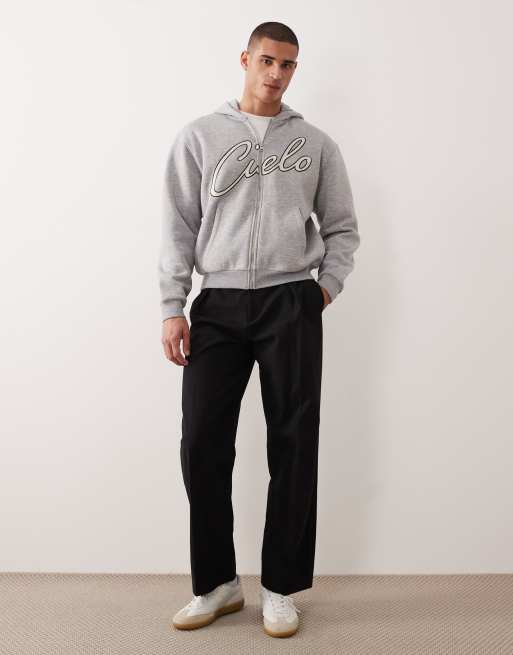 ASOS DESIGN relaxed boxy zip-through hoodie with chain stitch embroidery in grey marl, 2 of 5