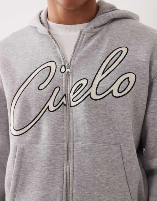 ASOS DESIGN relaxed boxy zip-through hoodie with chain stitch embroidery in grey marl, 5 of 5