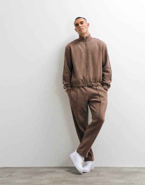 ASOS DESIGN relaxed boxy zip through jersey jacket and straight leg trackies set with woven tape in brown - view 1