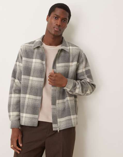 ASOS DESIGN relaxed boxy zip through shacket in grey brushed check - view 1