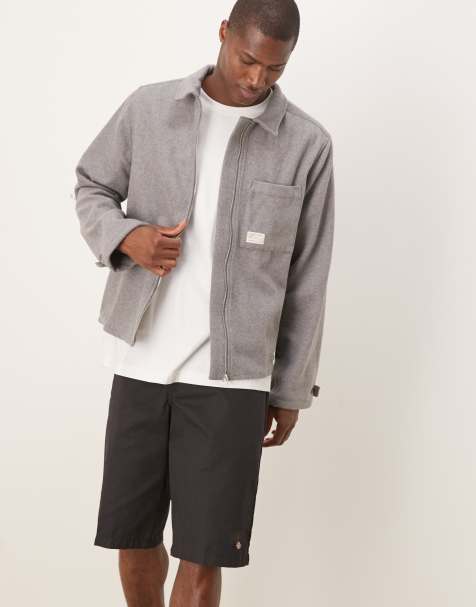ASOS DESIGN relaxed boxy zip through shirt with brushed finish and woven tab in grey - view 1