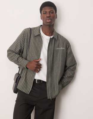 Asos Design Relaxed Boxy Zip Through Shirt With Embroidery In Khaki Stripe-green