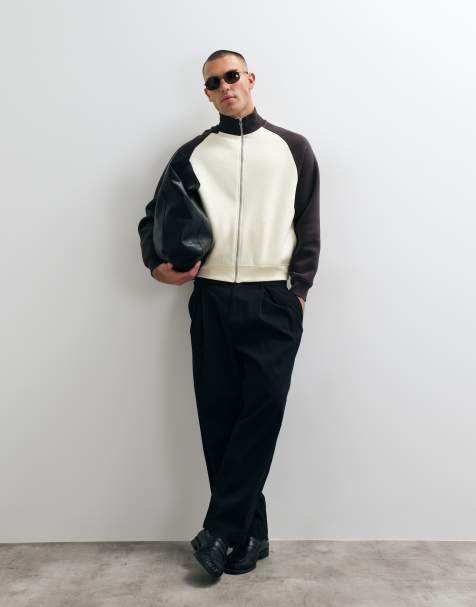 ASOS DESIGN relaxed boxy zip through sweatshirt with contrast raglan sleeves in brown - view 1