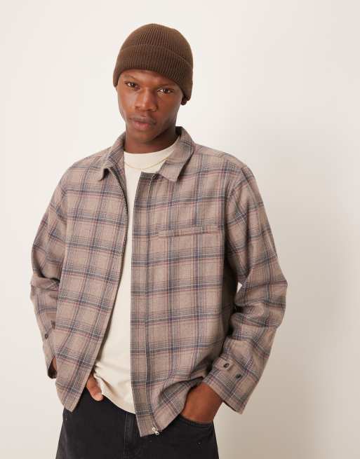 ASOS DESIGN relaxed boxy zip up shacket in brushed brown plaid