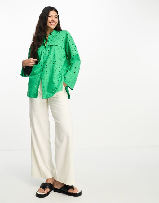 ASOS DESIGN relaxed broderie shirt in green