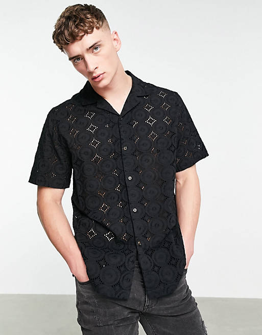 Shirts relaxed broiderie shirt with revere collar in black 