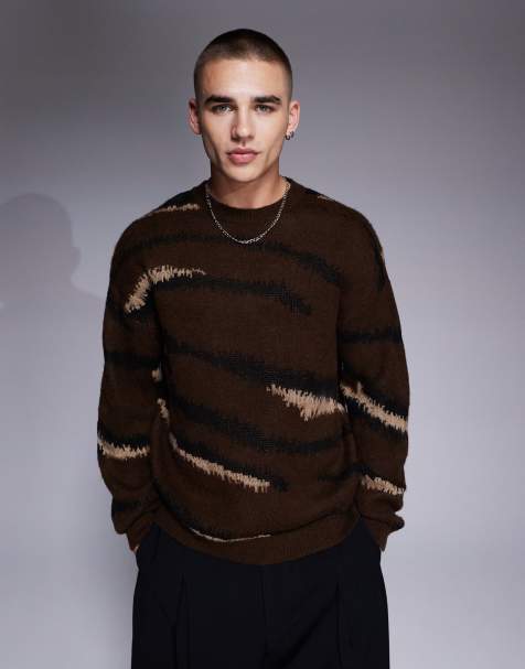 ASOS DESIGN relaxed brushed knitted crew neck sweater with animal pattern in beige - view 1