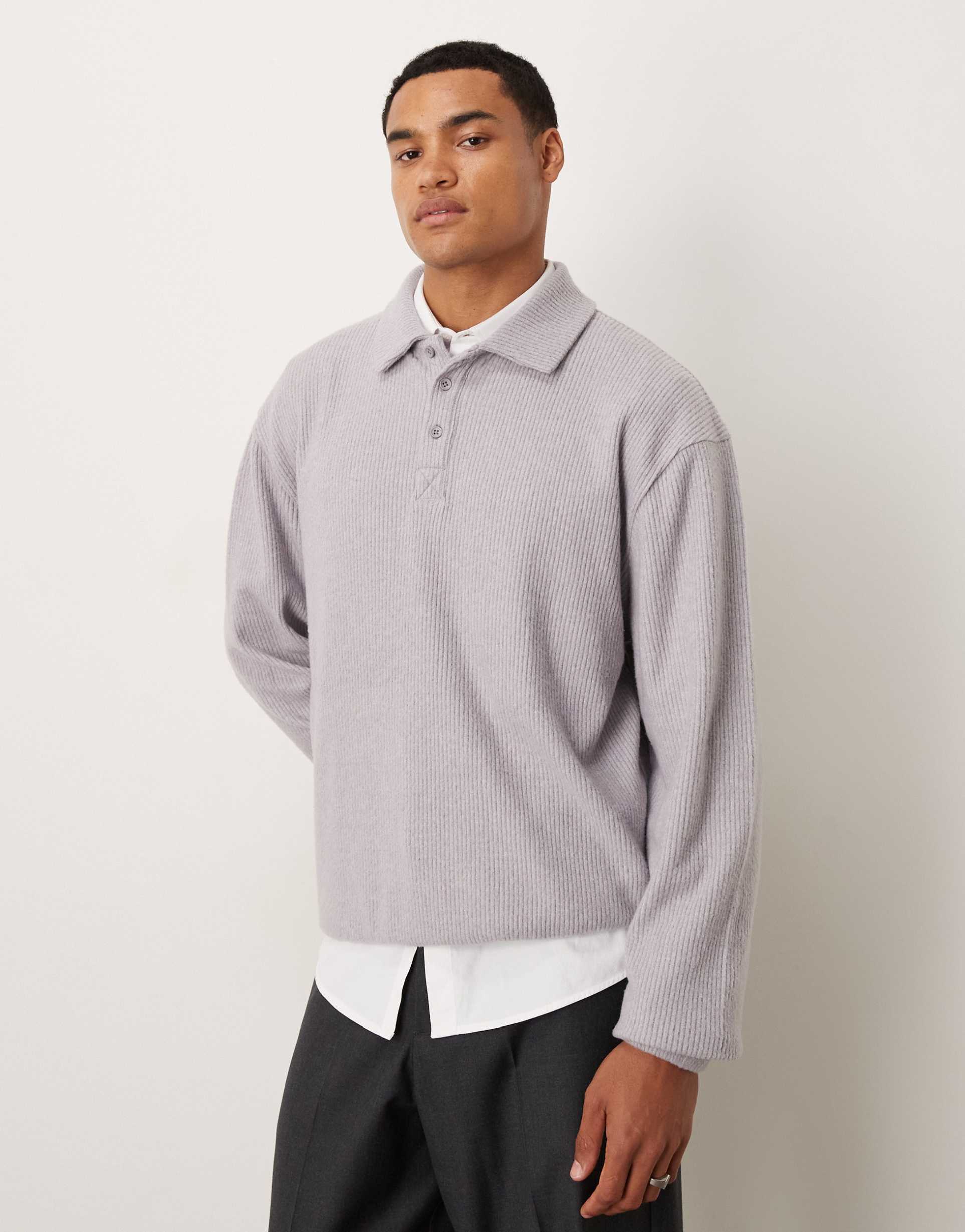 ASOS DESIGN relaxed brushed rib collared sweatshirt in grey marl