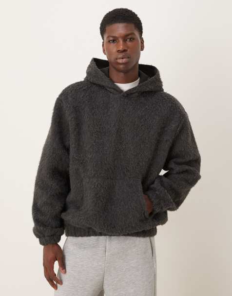ASOS DESIGN relaxed brushed textured hoodie in charcoal - view 1