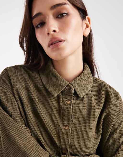 ASOS DESIGN relaxed bubble corduroy shirt in khaki green