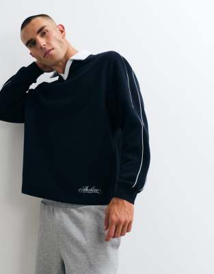 Asos Design Relaxed Bubble Herringbone Sweatshirt With Piping And Embroidery Detail In Navy