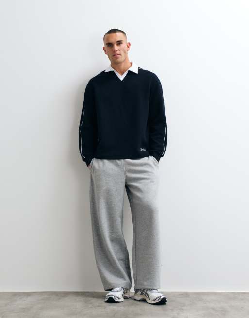 ASOS DESIGN relaxed bubble herringbone sweatshirt with piping and embroidery detail in navy, 2 of 5