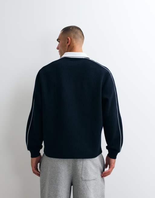 ASOS DESIGN relaxed bubble herringbone sweatshirt with piping and embroidery detail in navy, 4 of 5