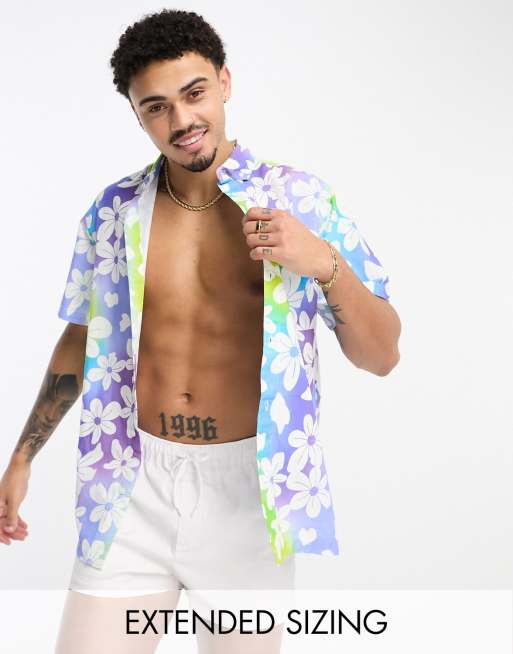 ASOS DESIGN relaxed button down collar shirt in linen look with ombre floral print  
