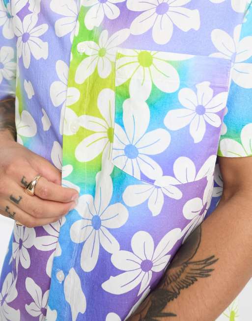 ASOS DESIGN relaxed button down collar shirt in linen look with ombre floral print  , 2 of 4