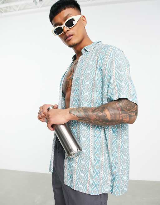 ASOS DESIGN relaxed button down pattern stripe shirt in turquoise