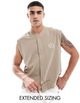 ASOS DESIGN relaxed button through vest with chest embroidery-Green