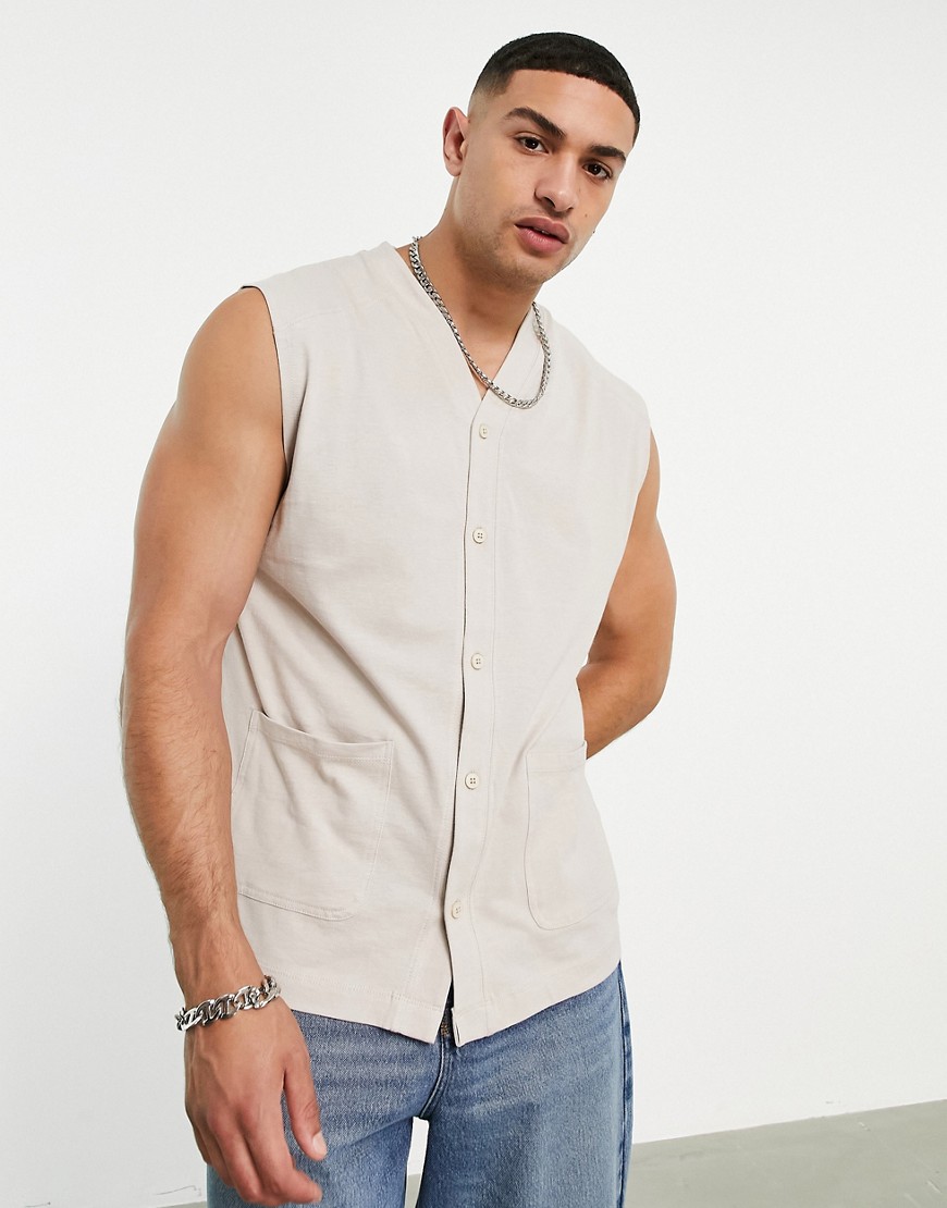 ASOS DESIGN relaxed button through vest with pocket detail in light grey