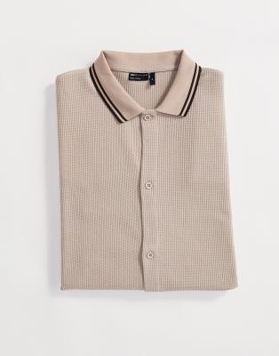 Asos Design Relaxed Button-up Polo Shirt In Stone-neutral