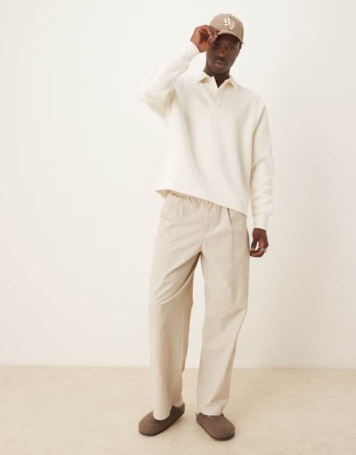ASOS DESIGN relaxed button up polo sweatshirt with concealed placet in cream