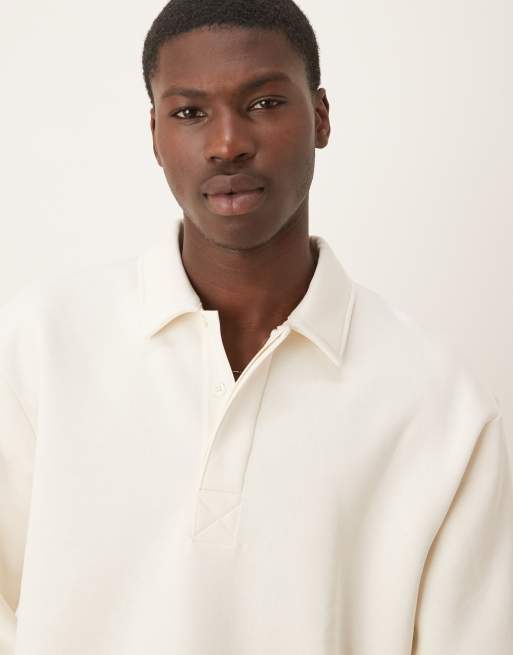 ASOS DESIGN relaxed button up polo sweatshirt with concealed placet in cream