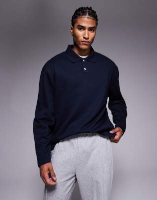 Asos Design Relaxed Button Up Polo Sweatshirt With Ribbed Collar In Blue