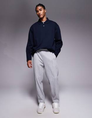 Asos Design Relaxed Button Up Polo Sweatshirt With Ribbed Collar In Blue