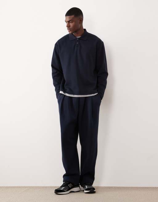 ASOS DESIGN relaxed button up polo sweatshirt with ribbed collar in navy, 2 of 5
