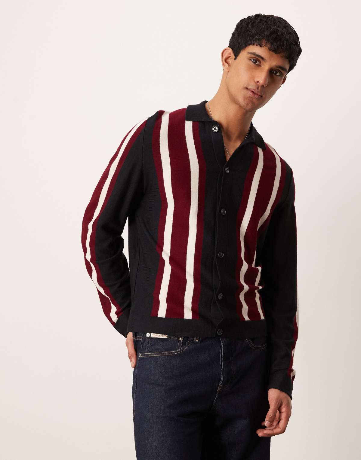 ASOS DESIGN relaxed button up stripe polo shirt in navy