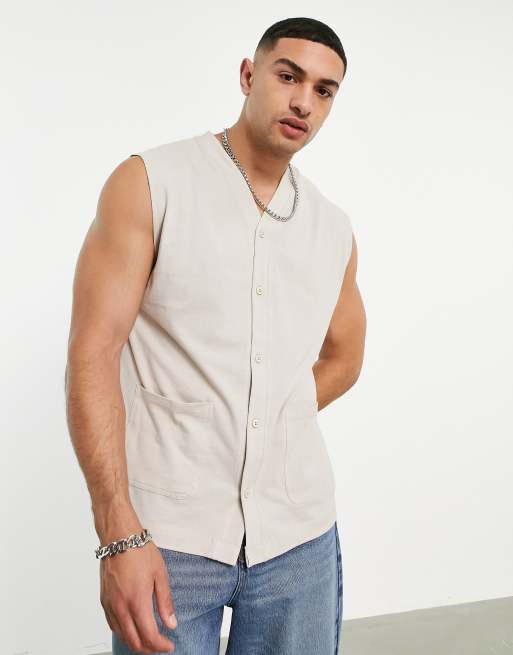 ASOS DESIGN relaxed button up tank top with pocket detail in light gray
