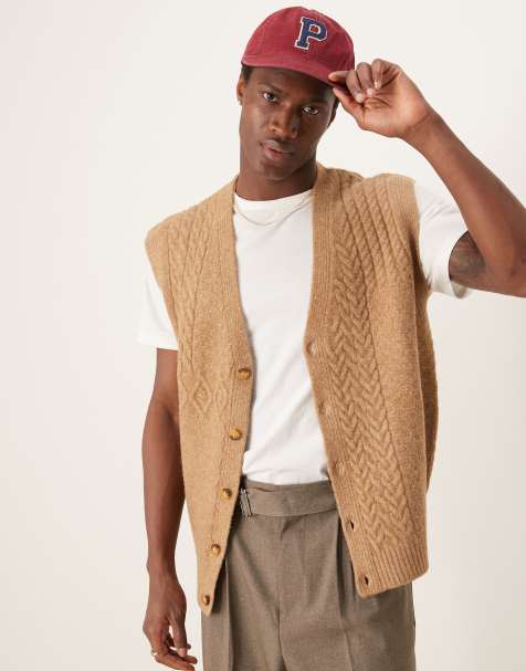 ASOS DESIGN relaxed cable knit patchwork button up vest in beige - view 1