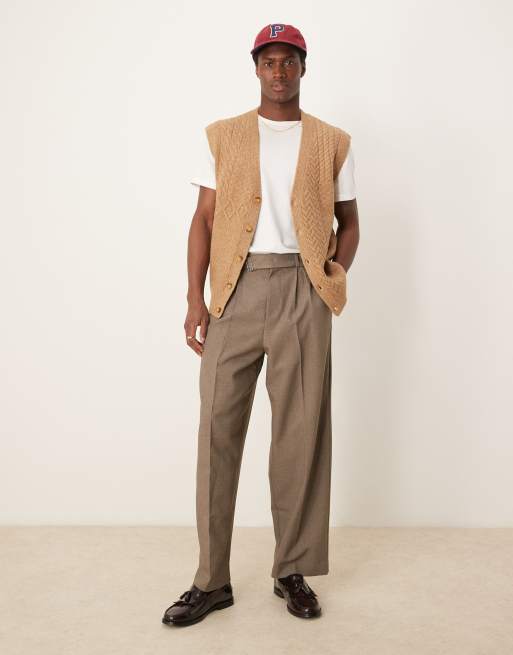ASOS DESIGN relaxed cable knit patchwork button up vest in beige