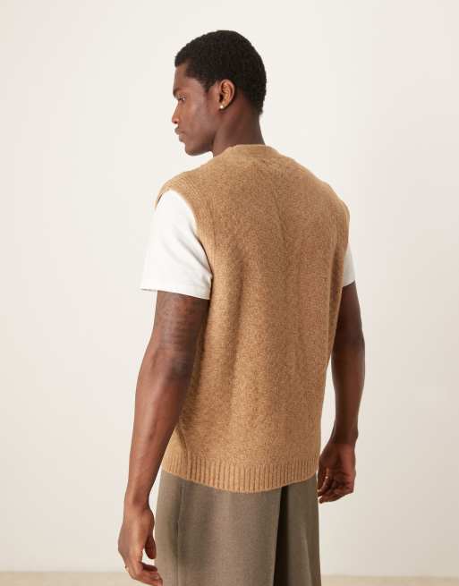 ASOS DESIGN relaxed cable knit patchwork button up vest in beige