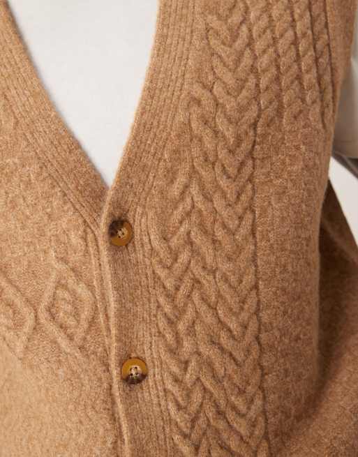ASOS DESIGN relaxed cable knit patchwork button up vest in beige