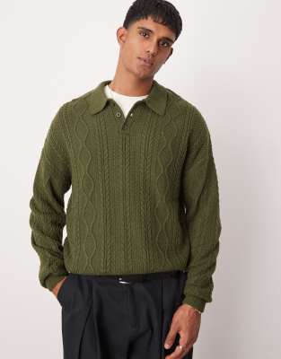 relaxed cable knit polo sweater in khaki-Green