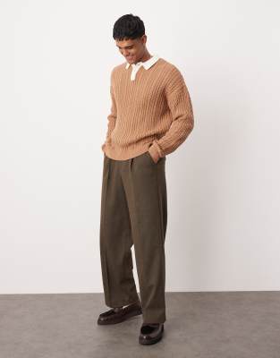 relaxed cable knit rugby polo in tan-Neutral