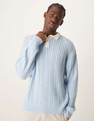 relaxed cable knit rugby polo shirt in blue