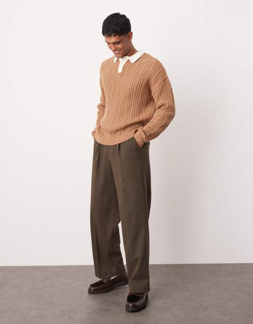 ASOS DESIGN relaxed cable knit rugby polo shirt in tan