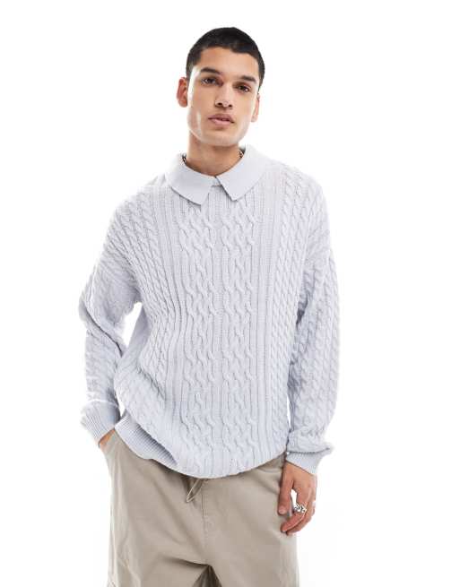 ASOS DESIGN relaxed cable knit sweater with polo collar in blue ASOS