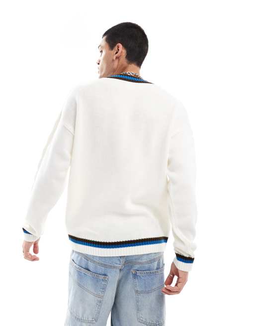 ASOS DESIGN relaxed cable knit varsity jumper in cream, 3 of 4