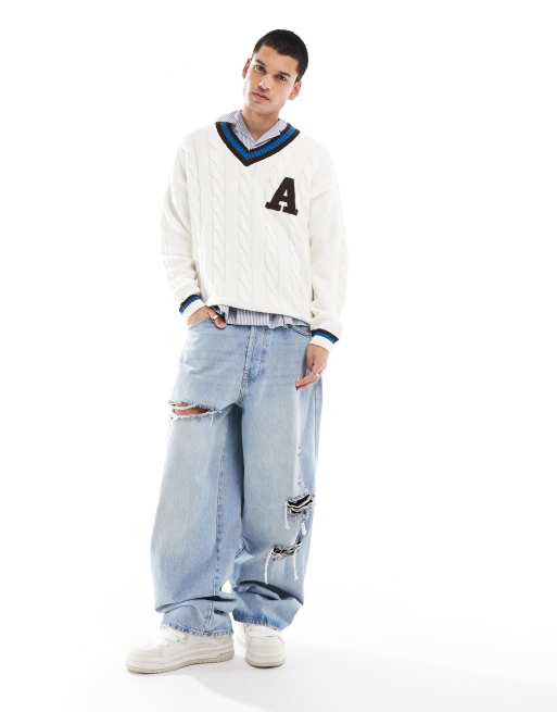 ASOS DESIGN relaxed cable knit varsity jumper in cream, 4 of 4