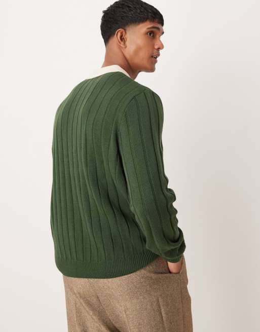 ASOS DESIGN relaxed cable knitted polo sweater in dark green ASOS