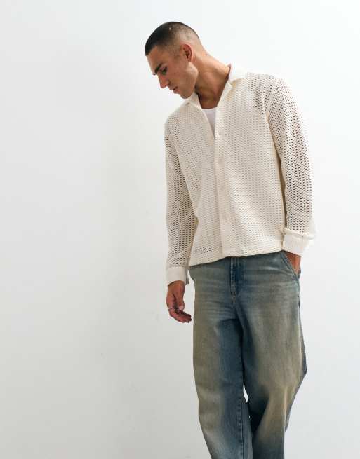 ASOS DESIGN relaxed camp collar crochet shirt in ecru, 3 of 5