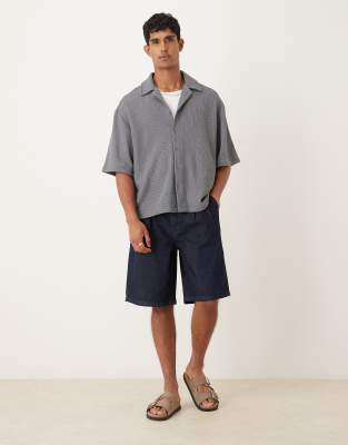 Asos Design Relaxed Camp Collar Crochet T-shirt In Gray