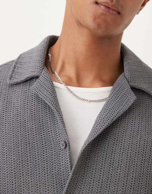 ASOS DESIGN relaxed revere crochet t-shirt in dark grey